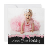 Pink Black Girls Photo 1st Birthday Party invitation