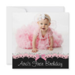 Pink Black Girls Photo 1st Birthday Party Announcement