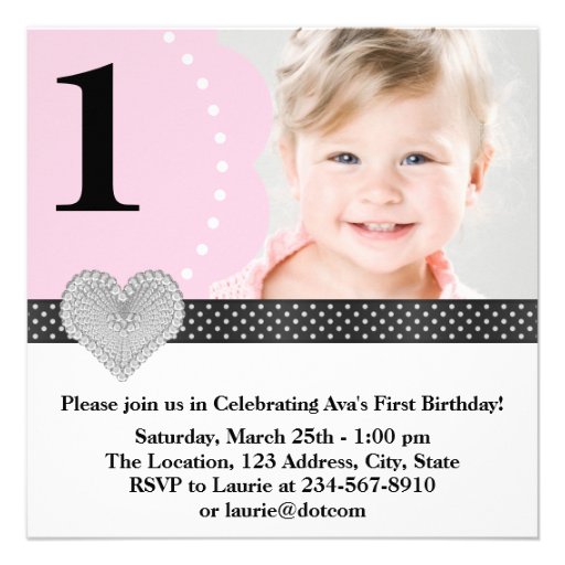 Pink Black Girls Photo 1st Birthday Party Personalized Invitations