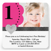 Pink Black Girls Photo 1st Birthday Party Custom Invites