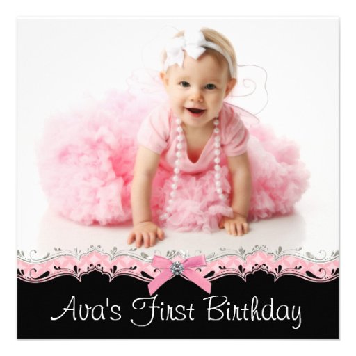 Pink Black Girls Photo 1st Birthday Party Announcement (front side)