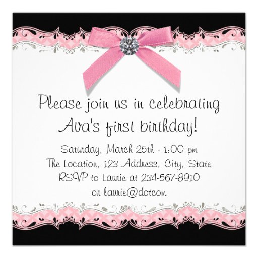 Pink Black Girls Photo 1st Birthday Party Announcement