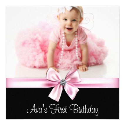 Pink Black Girls Photo First Birthday Party Custom Invitations