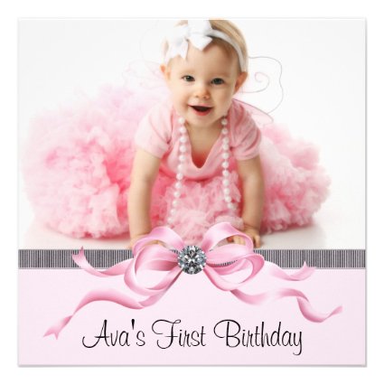 Pink Black Girls Photo First Birthday Party Custom Invite