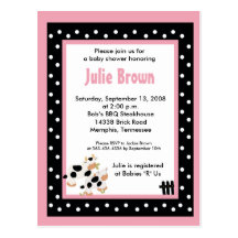 Pink & Black Girly Moo Cow Baby Shower Invitations Post Card