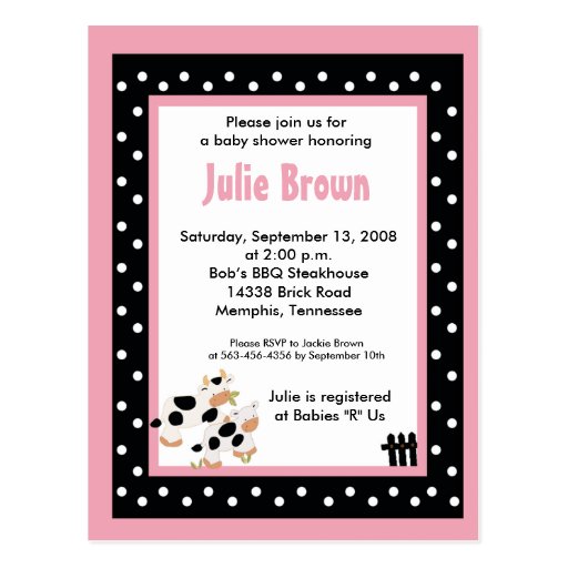 Pink & Black Girly Moo Cow Baby Shower Invitations Post Card