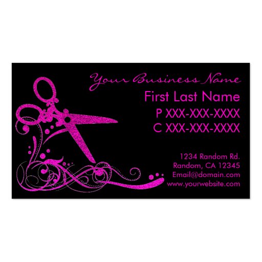 Pink black glitter swirl hair cut business cards (front side)