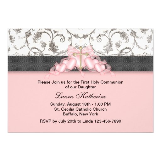 Pink Black Gold Cross Girls Pink First Communion Custom Invitation