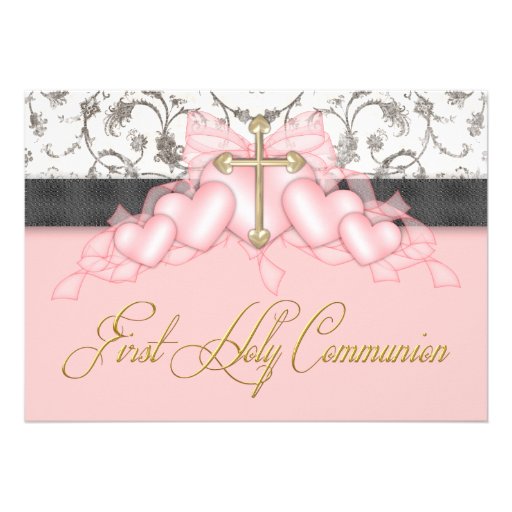 Pink Black Gold Cross Girls Pink First Communion Custom Invitation