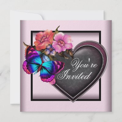 Pink Black Heart Butterfly Party Invitations by Pure Elegance