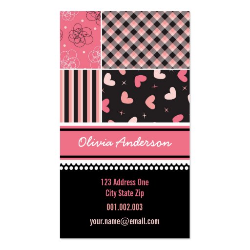 Pink Black Hearts Checks Stripes Plaid Pattern Business Card (front side)