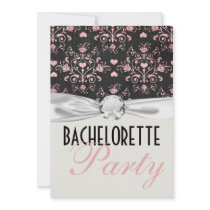 pink black hearts damask bachelorette party custom invitation