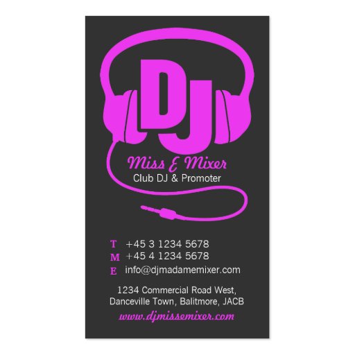 Pink & black ladies DJ promoter business card (front side)