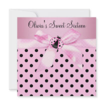 Pink Black Ladybug Sweet Sixteen Birthday Party Personalized Announcements