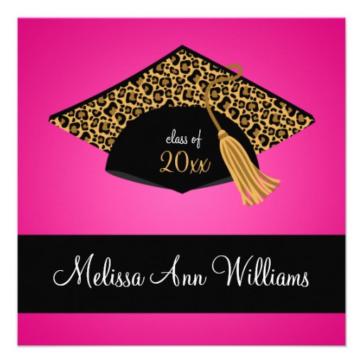 Pink Black Leopard Cap Graduation Announcement (front side)