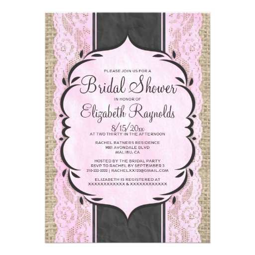 Pink Black Linen Burlap Lace Bridal Shower Invites