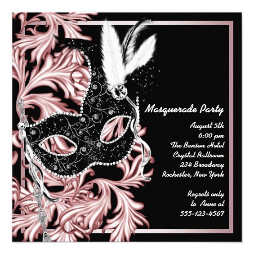 Pink Black Mask Pink Masquerade Party Personalized Announcements