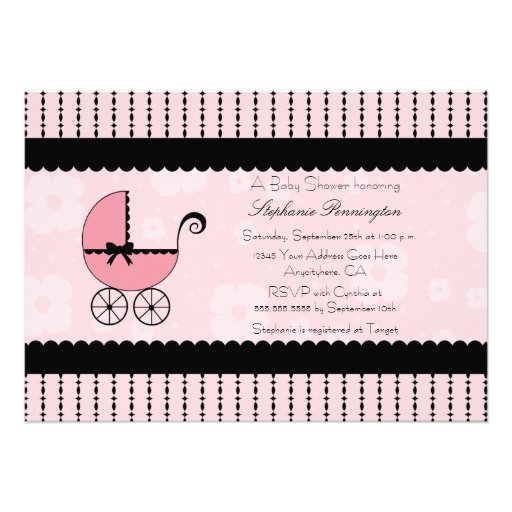 Pink black modern stroller baby shower invitation
