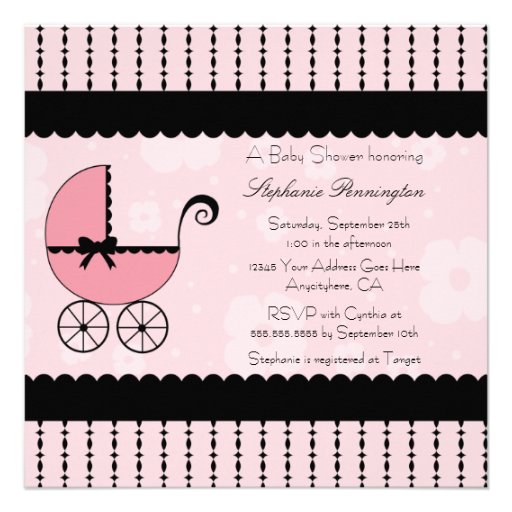 Pink black modern stroller baby shower invitation (front side)