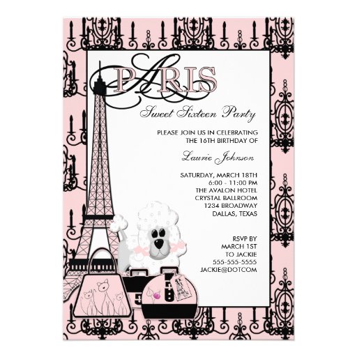 Pink Black Paris Chandelier Sweet 16 Party Invitations