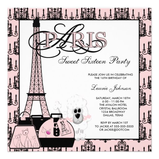 Pink Black Paris Chandelier Sweet Sixteen Party Personalized Invites