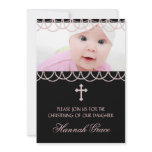 Pink Black Pearl Cross Baby Girl Photo Christening Custom Invites