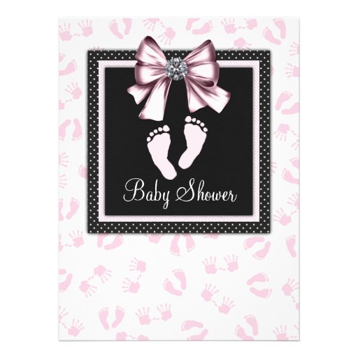 Pink Black Pink Footprints Baby Shower Custom Invites (front side)