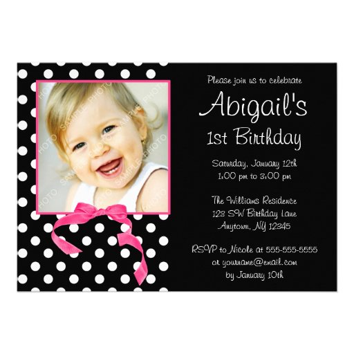 Pink Black Polka Dot Girl Photo 1st Birthday Party Personalized Announcements