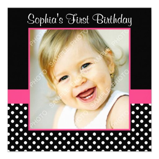 Pink Black Polka Dot Girl Photo 1st Birthday Party Custom Invitation