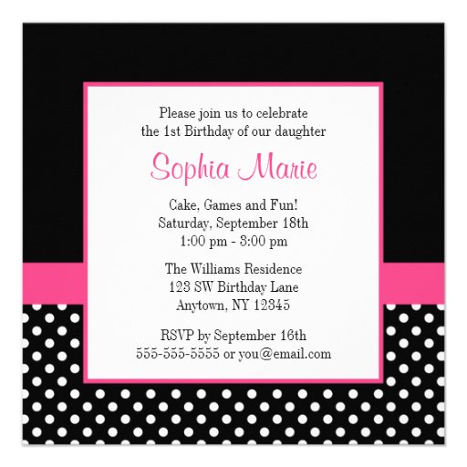Pink Black Polka Dot Girl Photo 1st Birthday Party Custom Invitation