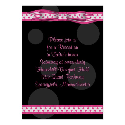 Pink & Black Polka Dots Bat Mitzvah Reception Card Business Card Templates (front side)