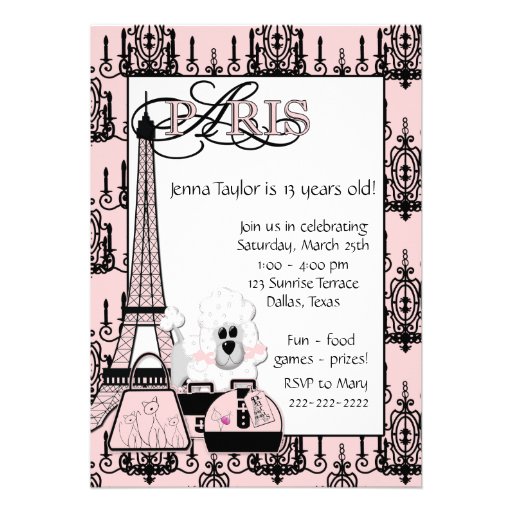 Pink Black Poodle Paris Girls Birthday Party Personalized Invite