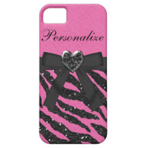Pink & Black Printed Zebra Glitter & Bow iPhone 5 Case