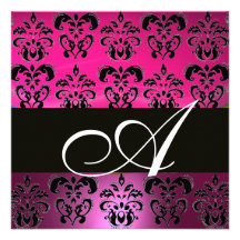 PINK,BLACK,PURPLE DAMASK MONOGRAM ,white, fuchsia Personalized Announcements