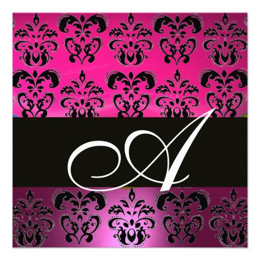 PINK,BLACK,PURPLE DAMASK MONOGRAM ,white, fuchsia Personalized Announcements