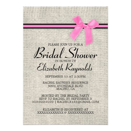 Pink Black Rustic Burlap Bridal Shower Invitations