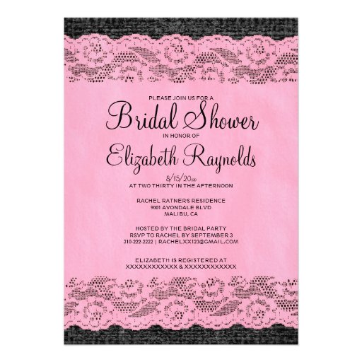 Pink & Black Rustic Lace Bridal Shower Invitations