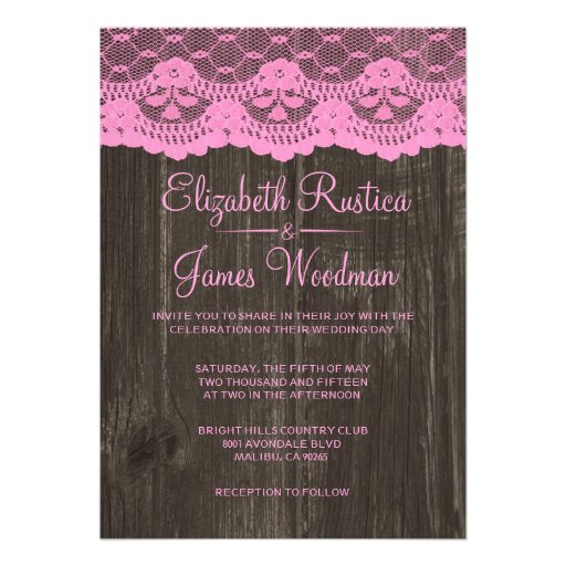 Pink & Black Rustic Lace Wood Wedding Invitations