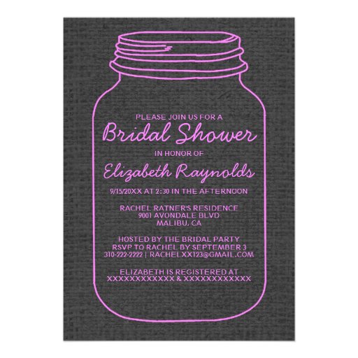 Pink Black Rustic Mason Jar Bridal Shower Invites
