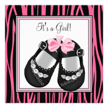Pink Black Shoes Hot Pink Zebra Baby Shower Custom Announcements