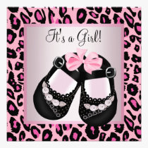 Pink Black Shoes Pink Leopard Baby Girl Shower invitations