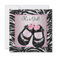Pink Black Shoes Pink Zebra Baby Girl Shower zazzle_invitation