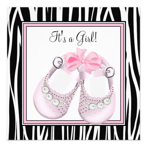 Pink Black Shoes Pink Zebra Baby Girl Shower Personalized Announcement