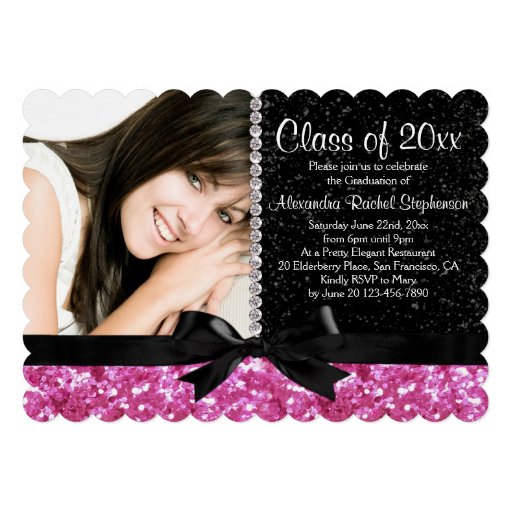 Pink/Black Sparkle-look Bow Photo Graduation Party Custom Invites (front side)