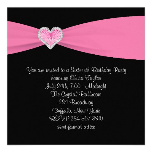 Pink Black Sweet 16 Birthday Party Personalized Invites
