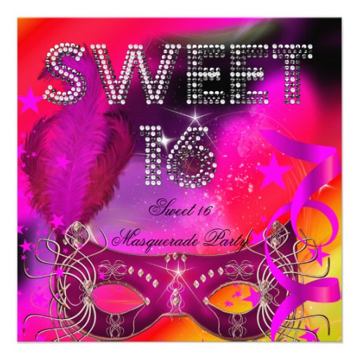 Pink Black Sweet 16 Masquerade Birthday Party Announcement