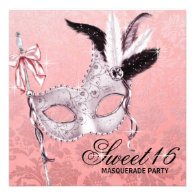 Pink Black Sweet 16 Masquerade Party Invitations