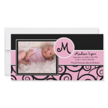 Pink & Black Swirl Baby Girl Birth photo cards