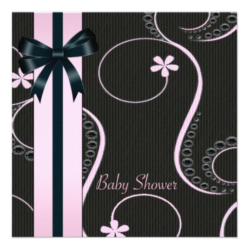 Pink Black Swirl Baby Girl Shower Personalized Invitation