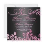 Pink/Black Swirl Rose Sweet 16 Birthday Invite invitations